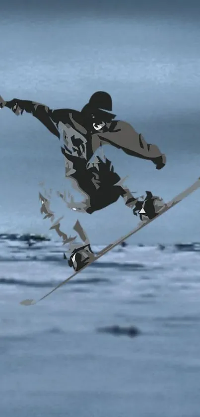 Snowboarder in action on icy blue background.