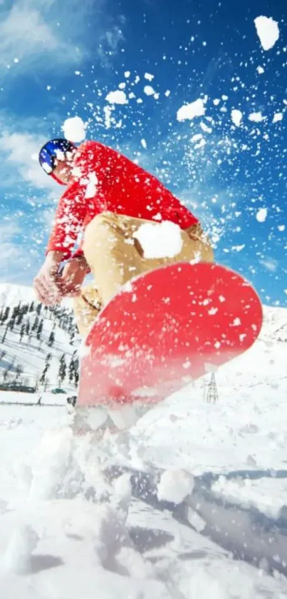 Action-packed snowboarding scene with a vibrant blue sky.