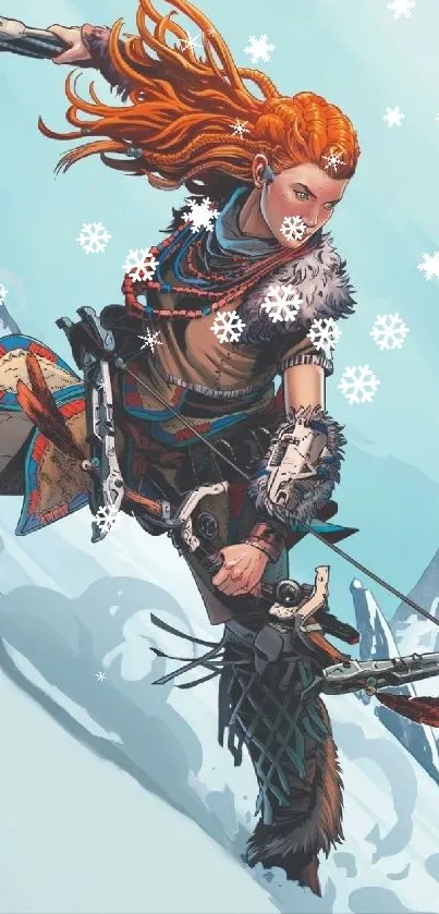 Fantasy warrior with red hair in snow.