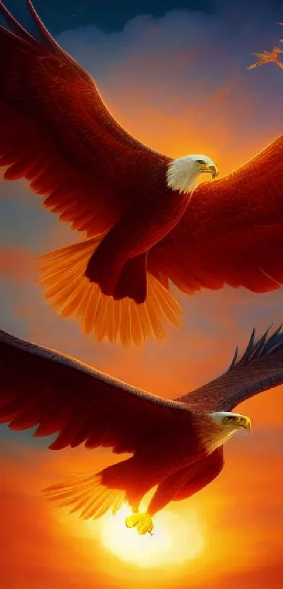 Majestic eagles soaring against a vibrant sunset sky.