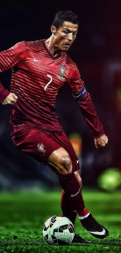 Dynamic wallpaper of a soccer player in action on the field.