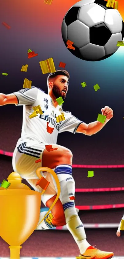 Soccer player in action with ball and trophy on dynamic background.