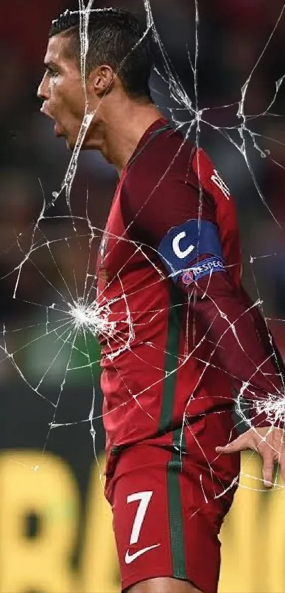 Soccer player in red jersey celebrates energetically on the field.