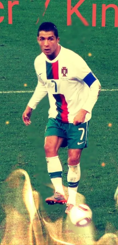 Soccer player wallpaper with green field and dynamic action.