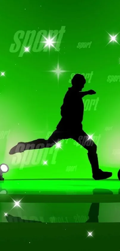 Silhouette of soccer player on vibrant green background with lights.