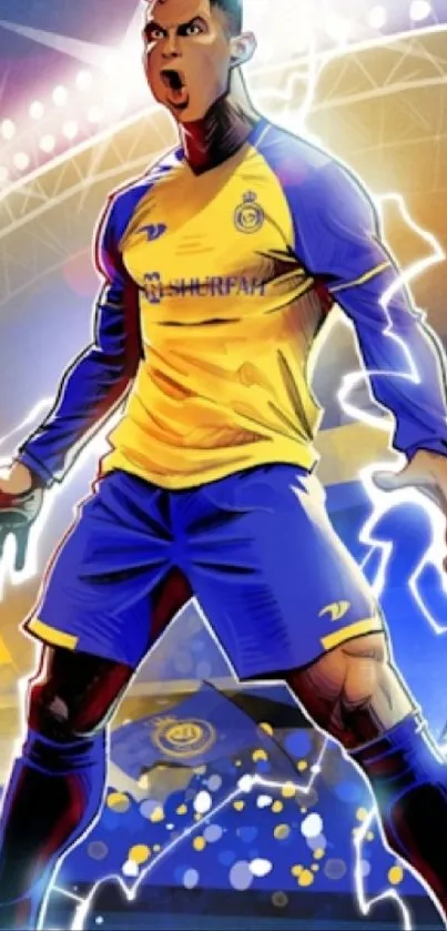 Dynamic soccer player art in stadium setting with vibrant colors.
