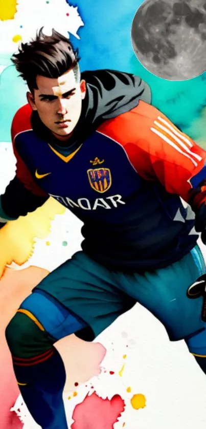 Vibrant soccer player in colorful action art.