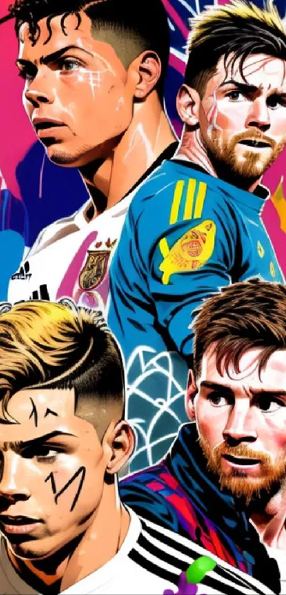 Vibrant artistic wallpaper of famous soccer players.