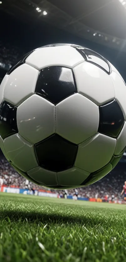 Close-up of a soccer ball hovering over a vibrant green field in a stadium.