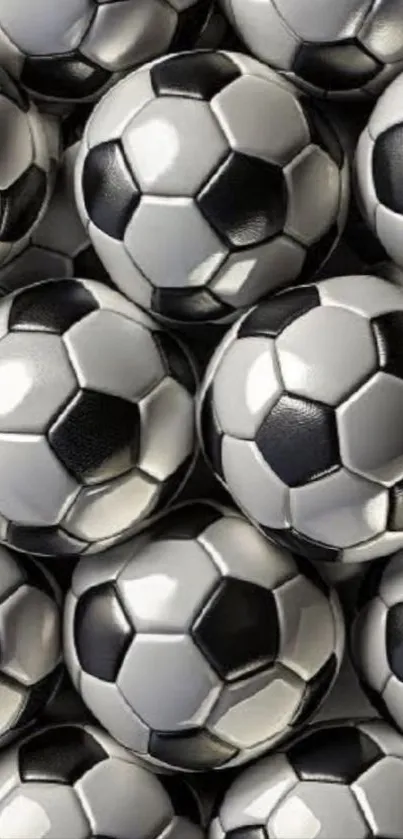 Collage of black and white soccer balls in a dynamic pattern.