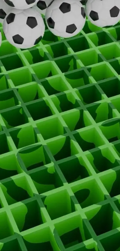 Soccer balls bouncing over a vibrant green grid pattern.