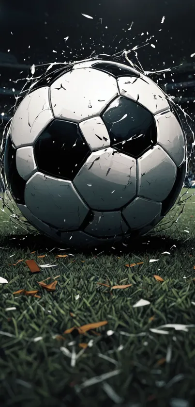 Close-up soccer ball on green grass field with dynamic motion effects.