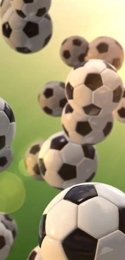 Dynamic floating soccer balls on a green background wallpaper.