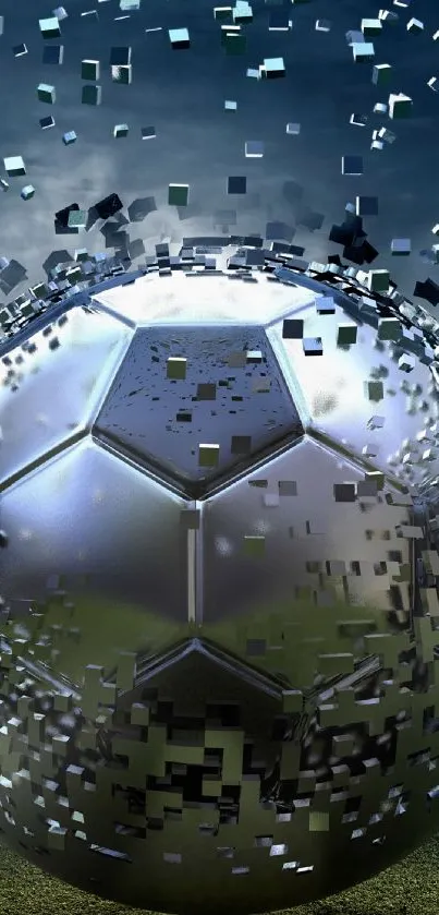 3D soccer ball with digital particles on a dark background.