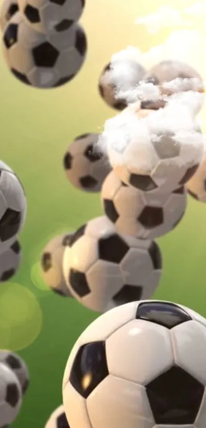 Floating soccer balls with green background wallpaper.