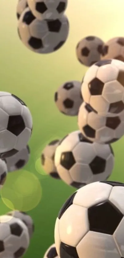 Soccer balls floating with a green gradient background.