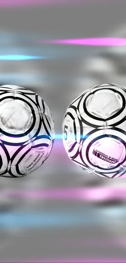 Soccer balls moving with pink and blue streaks, ideal for sports wallpaper.