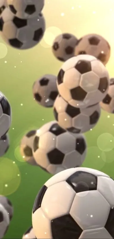 Floating soccer balls on a green gradient background with a dynamic effect.