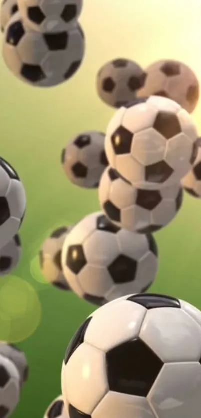 Flying soccer balls against a green background with sunlight.