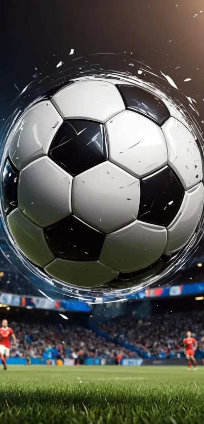 Close-up of a soccer ball in action on a vibrant football field.