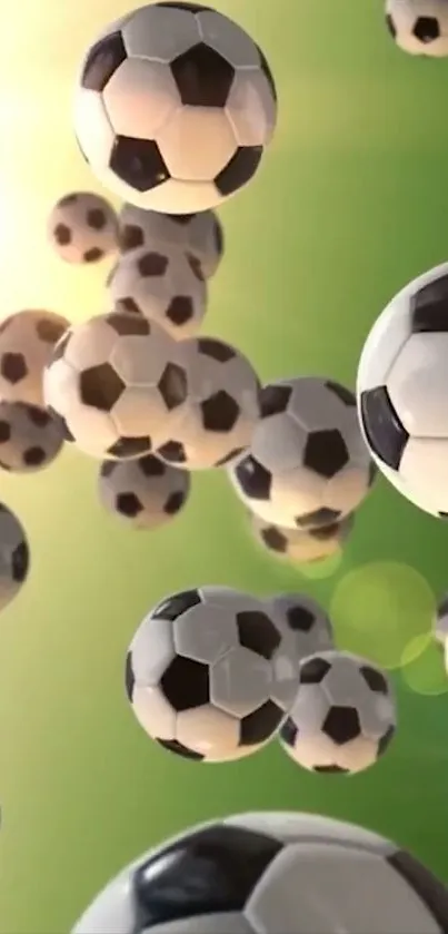 Floating soccer balls on green background wallpaper.