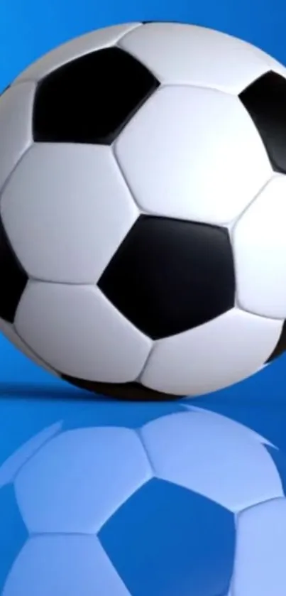 Soccer ball with blue background and reflection.