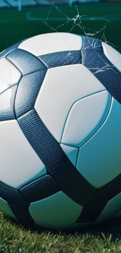 Close-up of a soccer ball on lush green grass field.