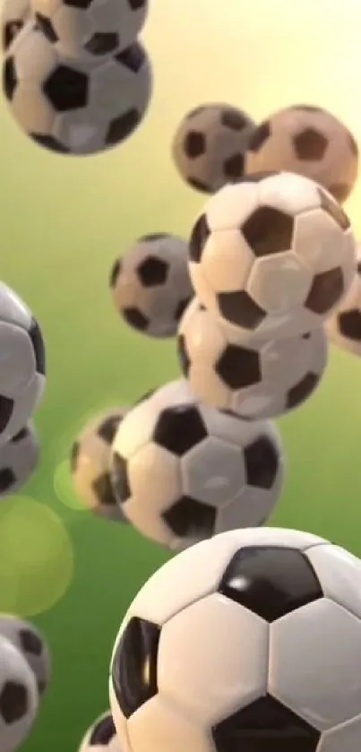 Dynamic soccer balls against a green backdrop.