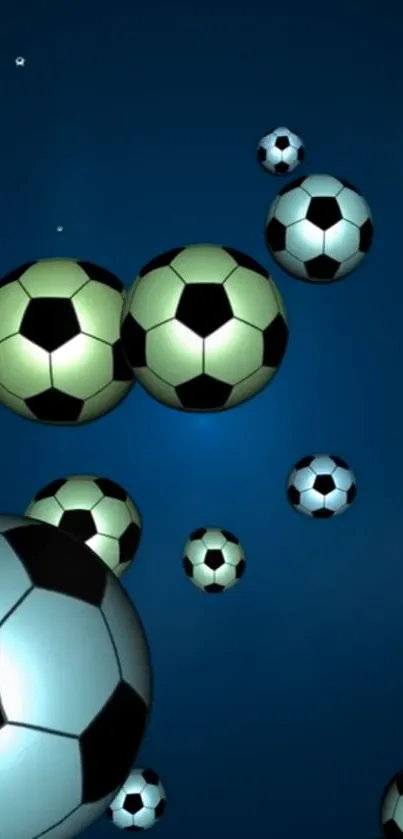 Dynamic soccer balls on a dark blue background wallpaper.