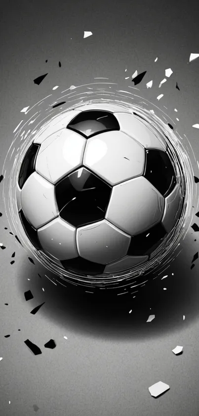 Dynamic soccer ball with black and white design.