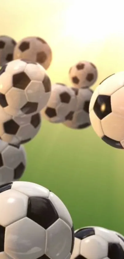 3D soccer balls floating on a vivid green backdrop.