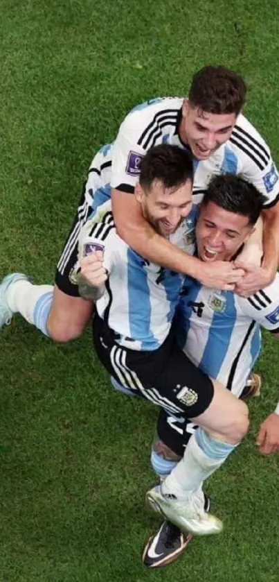 Soccer players celebrating in triumph on lush green field.