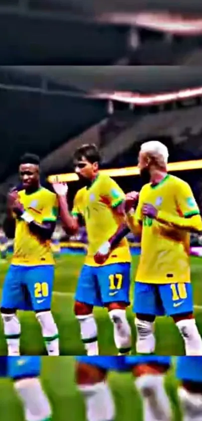 Soccer players celebrating on the field with vibrant yellow uniforms.