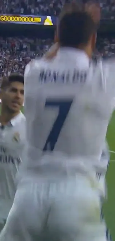 Soccer players celebrating on field with crowd in background.