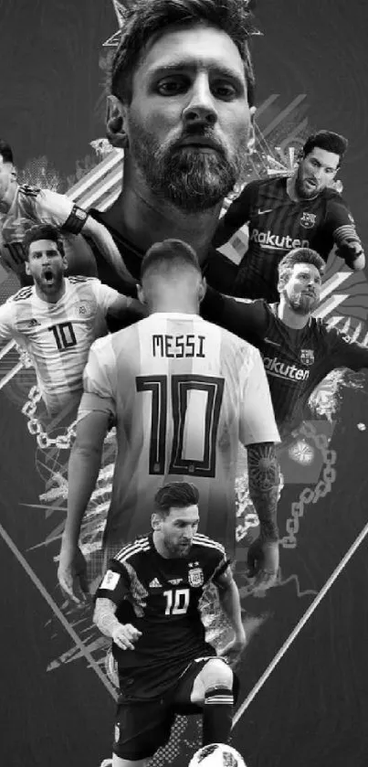 Grayscale collage of soccer player on black background wallpaper.