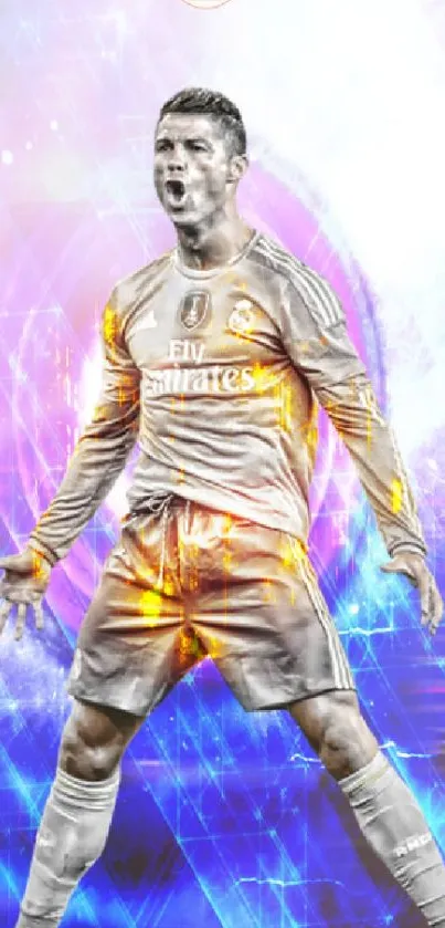 Dynamic soccer player with vibrant blue energy effects in a mobile wallpaper.