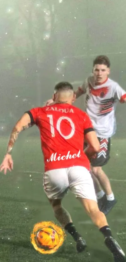 Intense soccer match with players in action wearing red and white jerseys.