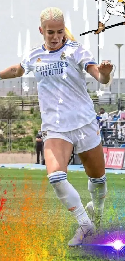 Soccer player in action with vibrant art overlay on the field.