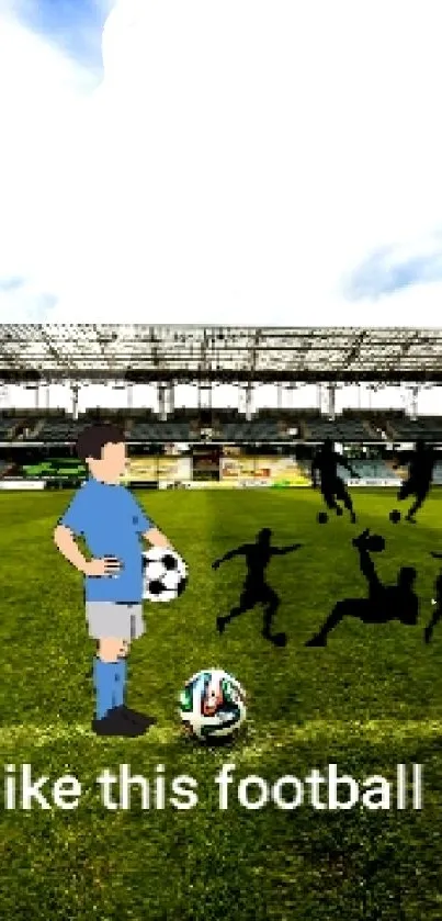 Soccer field art wallpaper with player and silhouettes.