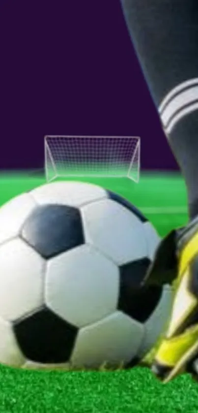 Close-up of soccer ball and cleat on green field with goal.