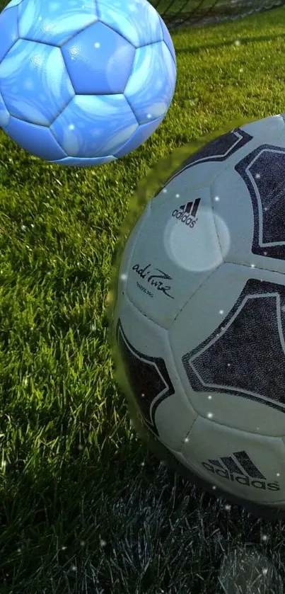 Two soccer balls on a vibrant green field wallpaper.