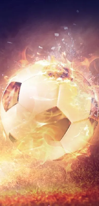 Fiery soccer ball being kicked with flames, perfect sports wallpaper.