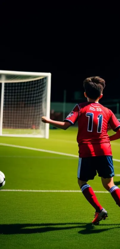 Exciting soccer match with players on field, a ball and goalposts.