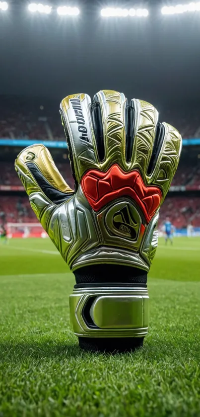 Colorful soccer glove on a vibrant field in a busy stadium.