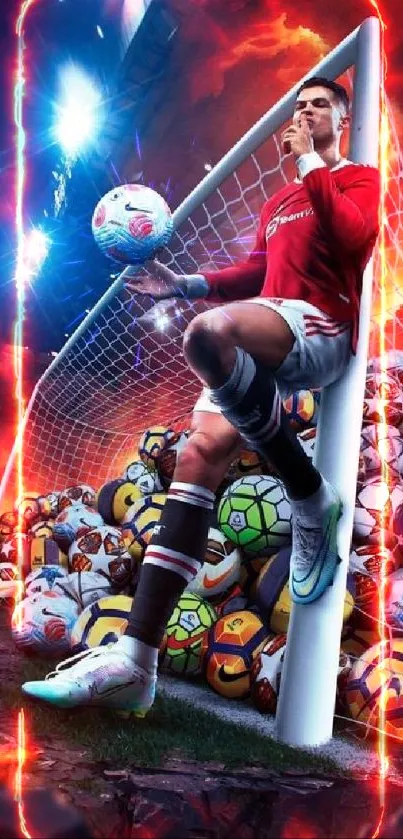 Soccer goalkeeper with fiery backdrop, stack of balls, and stadium lights.