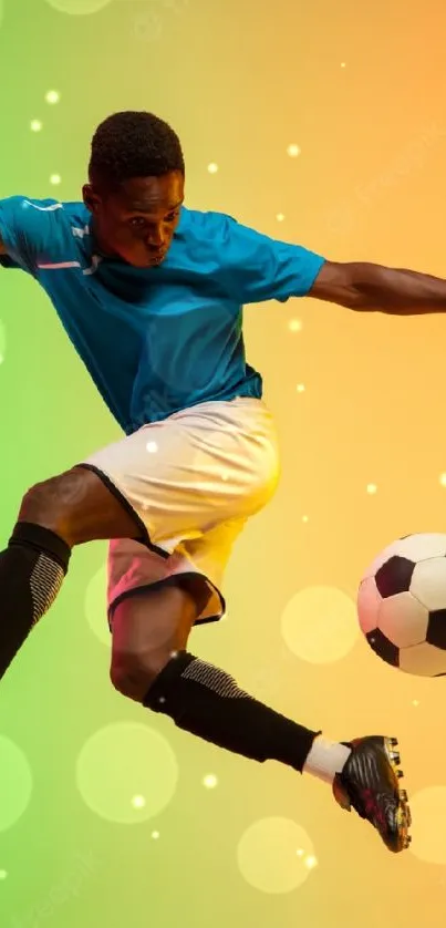 Soccer player leaping with ball on green and orange gradient.