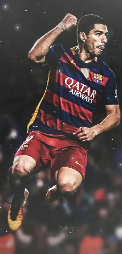 Soccer player mid-jump in colorful attire against a dark background.