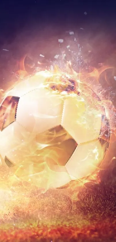 Fiery soccer kick with glowing ball and shoe, dynamic sports wallpaper.