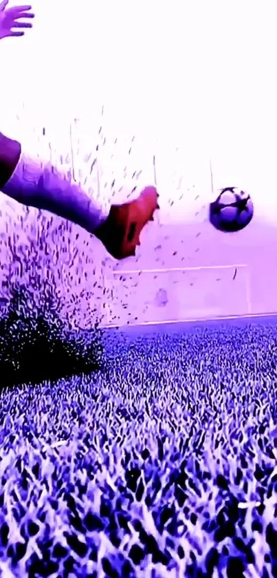 Soccer player kicking a ball on a purple grass field, creating a dynamic effect.