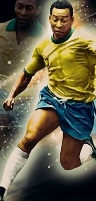 Legendary soccer player in action, vibrant colors and dynamic energy.